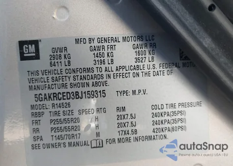 2011 Buick Enclave 2Xl z USA, uszkodzony, nr VIN 5GAKRCED3BJ159315